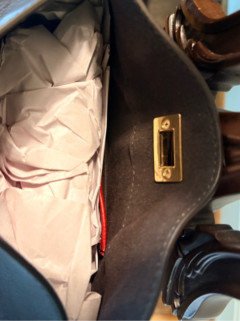 J.McLaughlin NWOT Cocoa Brown Leather handbag. Top bamboo latch closure. - Picture 9 of 15